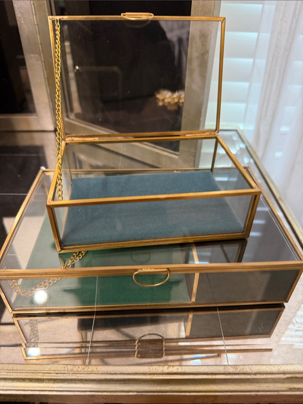 Glass and Brass Jewelry Boxes with Velvet Bases